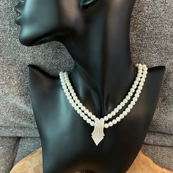Vintage Carolee Double Strand Pearl Clear Rhinestone Pendant Choker Necklace - Picture 2 of 3